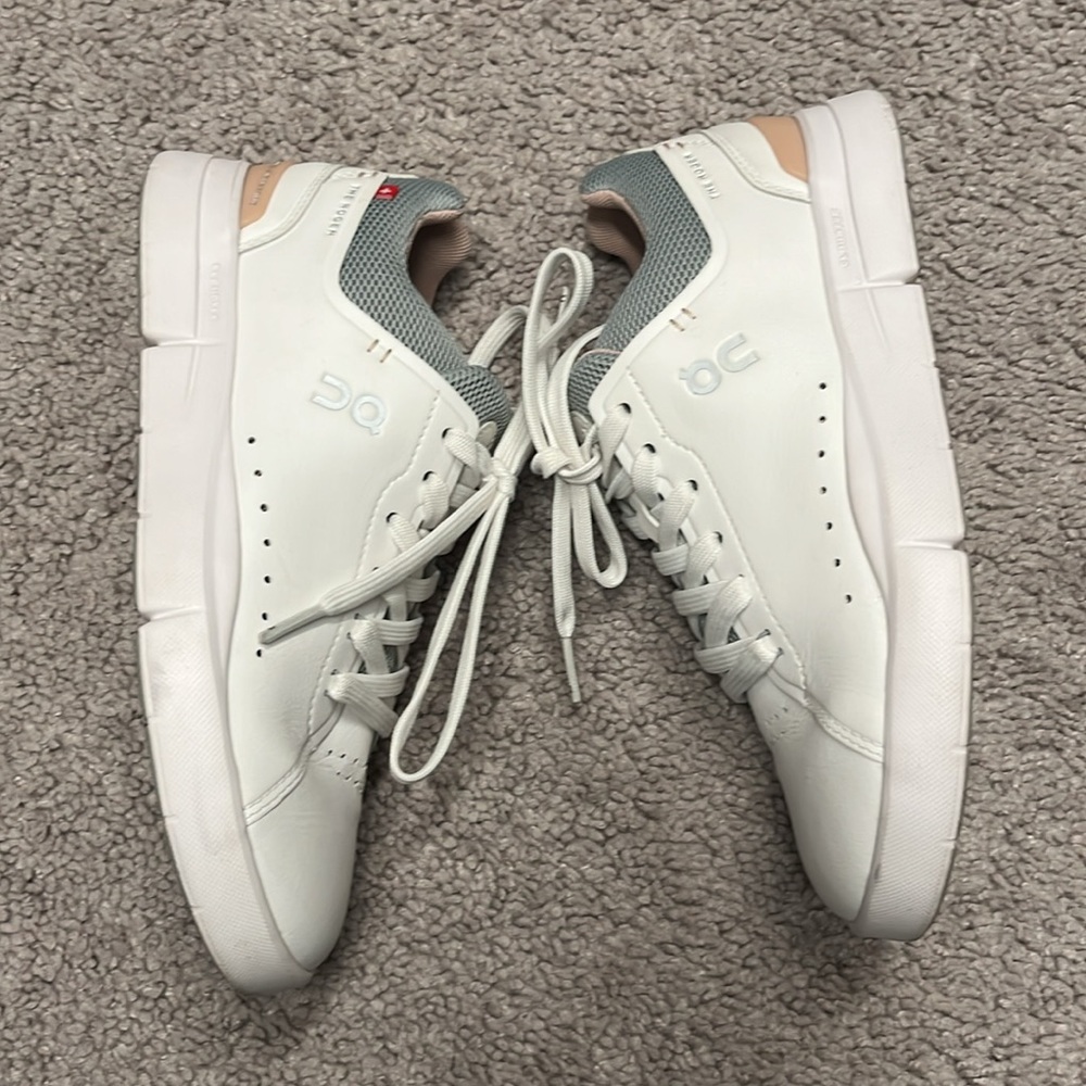 On Running White Sneakers with Light Gray and Blush Accents - Picture 5 of 8